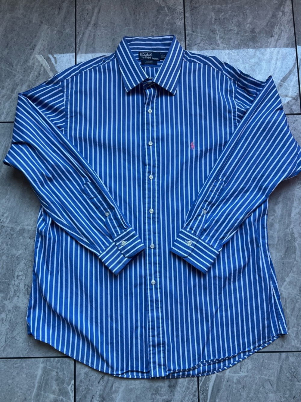 Polo Ralph Lauren Curham Mens Blue/White Stripe Embroidered Pony DressShirt 17.5
